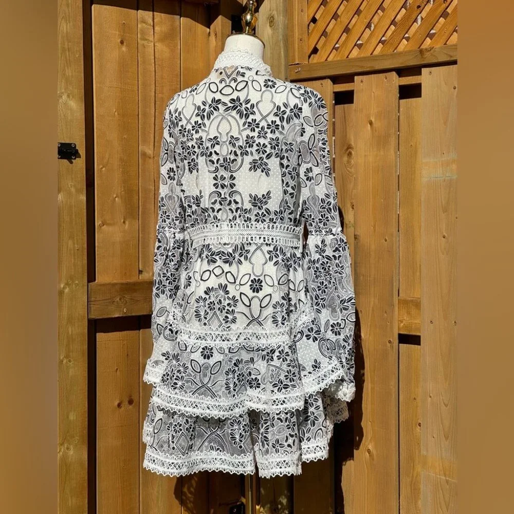 🆕 BRONX & BANCO 🧿 NWOT Santorini Long-Sleeve Tiered Floral Burnout Dress, Sz M